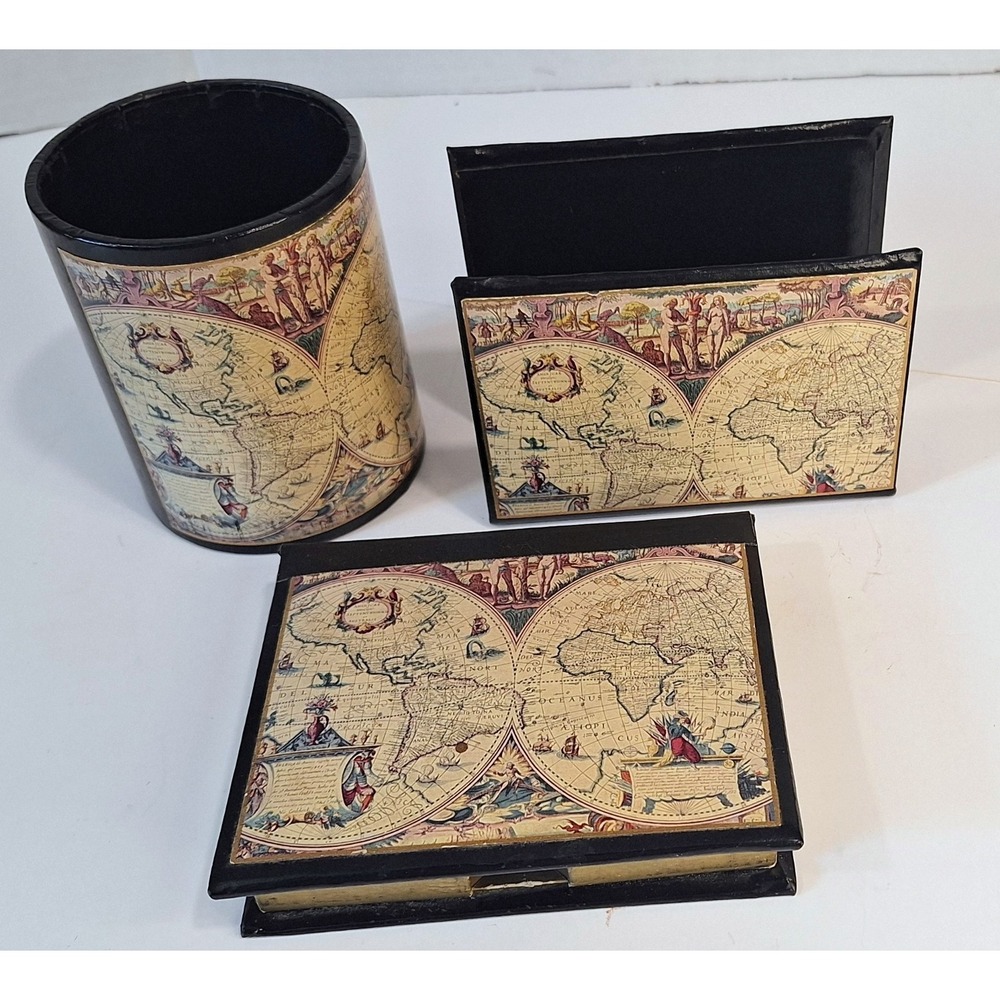 Vintage World‎ Map Desk Accessory Set 3 Piece Pencil Cup Letter Holder Box Black